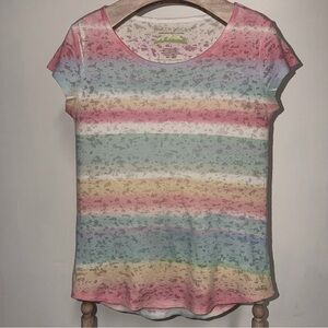 Earth Yoga Pastel Rainbow Stripe Tee in Pink, Blue & Yellow Coastal size Large G